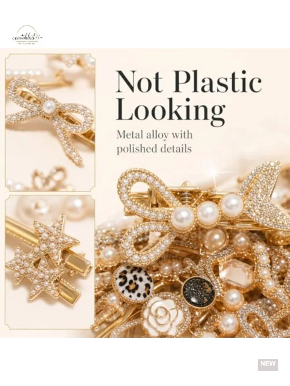 50 Pcs Hair Clips Set - Faux Pearl, Rhinestone, Resin & Gold-Tone Barrettes,